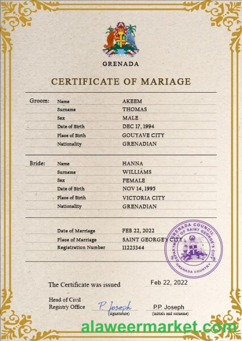 Grenada marriage certificate PSD template